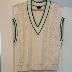 Talbots Cream V-Neck Sweater with Green Trim